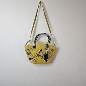 American & Beyond Jute Queen Bee Floral Beaded Bag NWT Yellow
